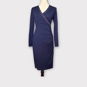 Cache  navy blue faux wrap dress beaded detail
